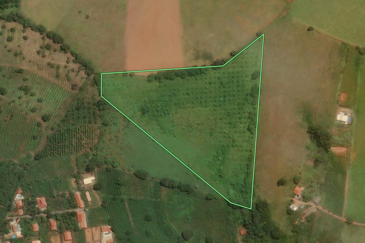 Imagem de satélite do imóvel rural em Socorro (SP), com o contorno declarado no CAR desenhado por cima.