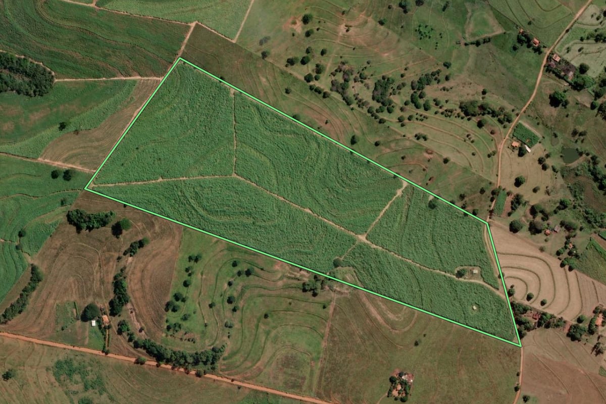 Imagem de satélite do imóvel rural em Sud Mennucci (SP), com o contorno declarado no CAR desenhado por cima.