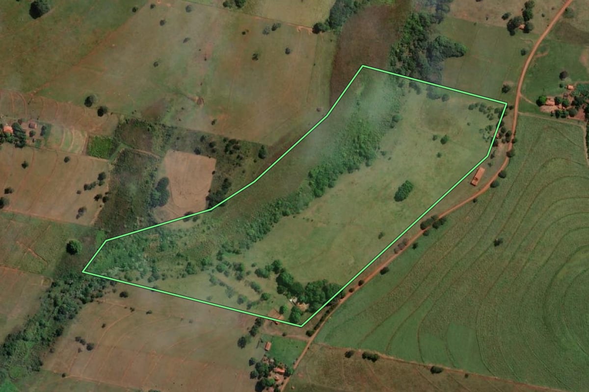 Imagem de satélite do imóvel rural em Sud Mennucci (SP), com o contorno declarado no CAR desenhado por cima.