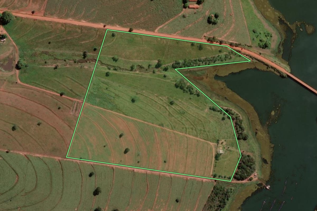 Imagem de satélite do imóvel rural em Sud Mennucci (SP), com o contorno declarado no CAR desenhado por cima.