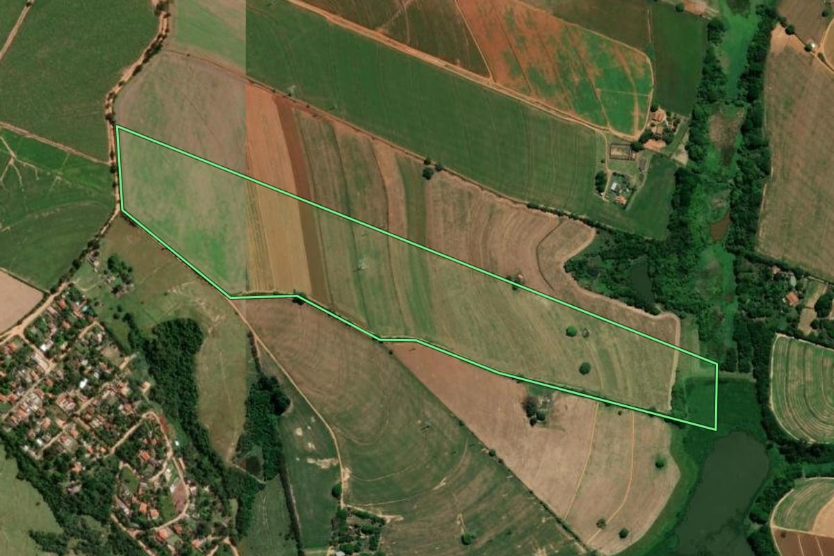 Imagem de satélite do imóvel rural em Sumaré (SP), com o contorno declarado no CAR desenhado por cima.