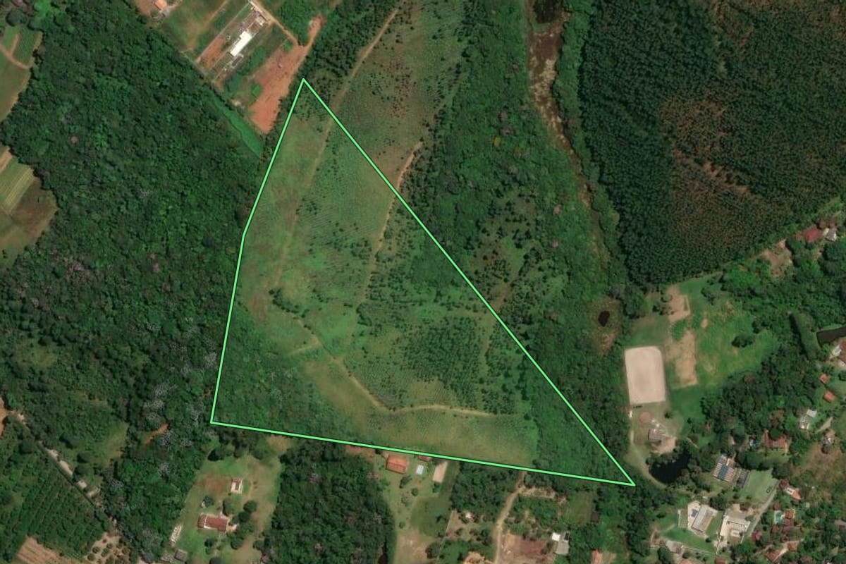 Imagem de satélite do imóvel rural em Suzano (SP), com o contorno declarado no CAR desenhado por cima.