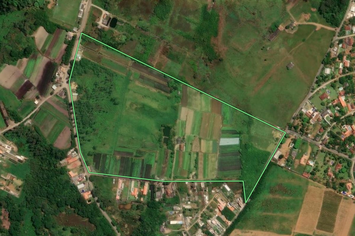 Imagem de satélite do imóvel rural em Suzano (SP), com o contorno declarado no CAR desenhado por cima.