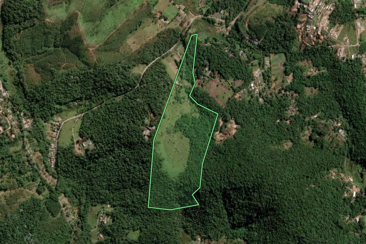Imagem de satélite do imóvel rural em Suzano (SP), com o contorno declarado no CAR desenhado por cima.