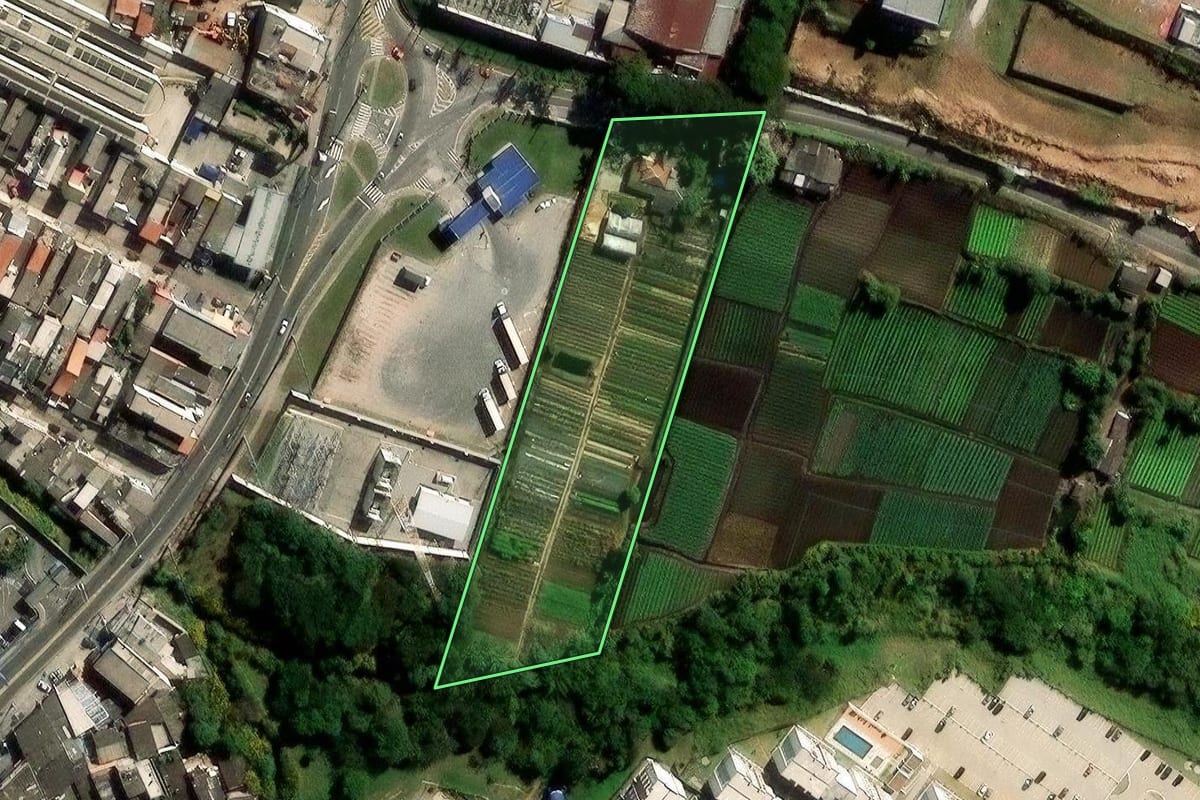 Imagem de satélite do imóvel rural em Suzano (SP), com o contorno declarado no CAR desenhado por cima.
