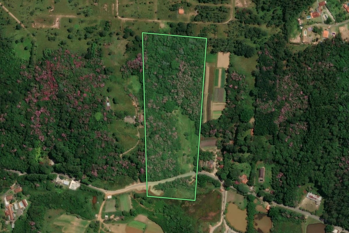 Imagem de satélite do imóvel rural em Suzano (SP), com o contorno declarado no CAR desenhado por cima.