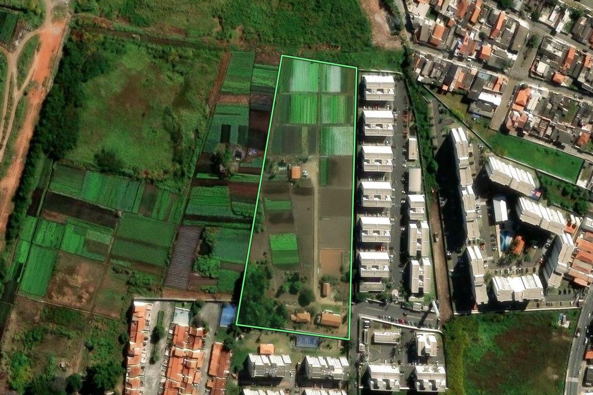 Imagem de satélite do imóvel rural em Suzano (SP), com o contorno declarado no CAR desenhado por cima.