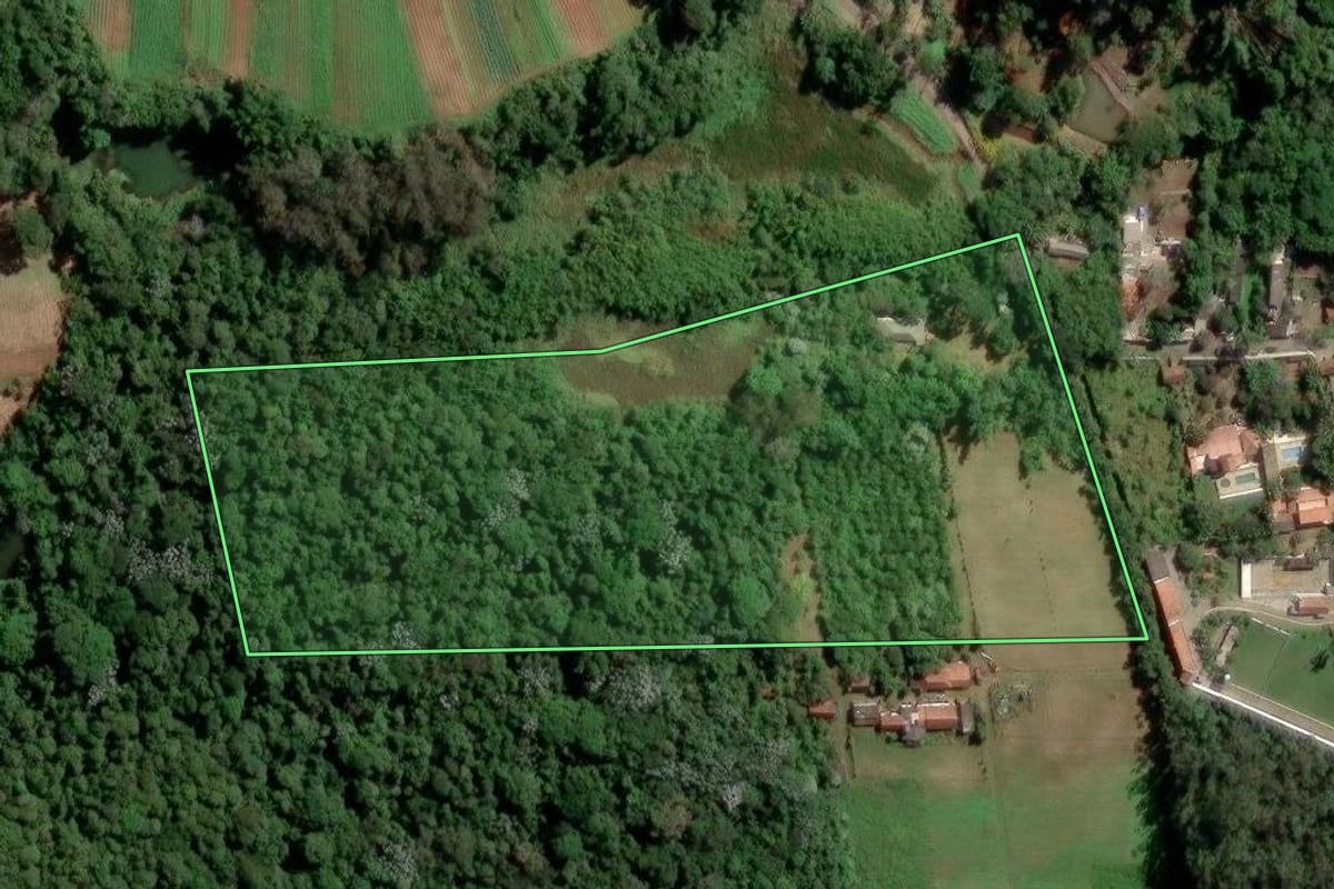 Imagem de satélite do imóvel rural em Suzano (SP), com o contorno declarado no CAR desenhado por cima.