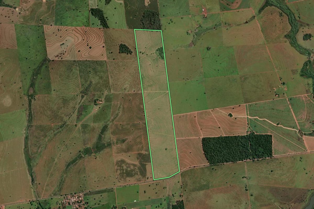 Imagem de satélite do imóvel rural em Suzanápolis (SP), com o contorno declarado no CAR desenhado por cima.