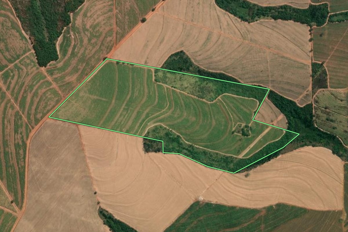 Imagem de satélite do imóvel rural em Tabapuã (SP), com o contorno declarado no CAR desenhado por cima.