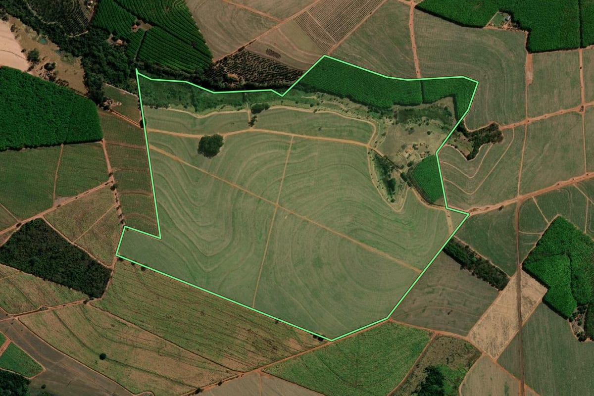 Imagem de satélite do imóvel rural em Tabapuã (SP), com o contorno declarado no CAR desenhado por cima.