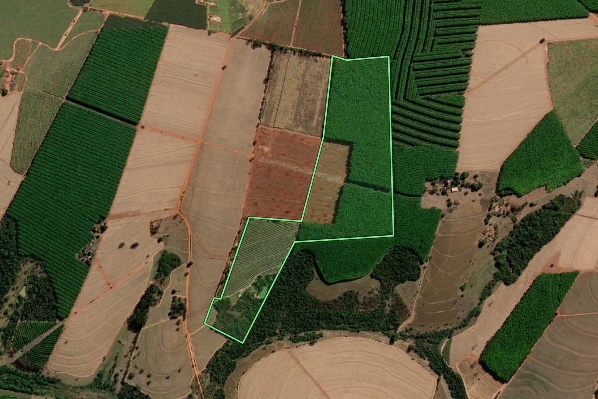 Imagem de satélite do imóvel rural em Tabapuã (SP), com o contorno declarado no CAR desenhado por cima.