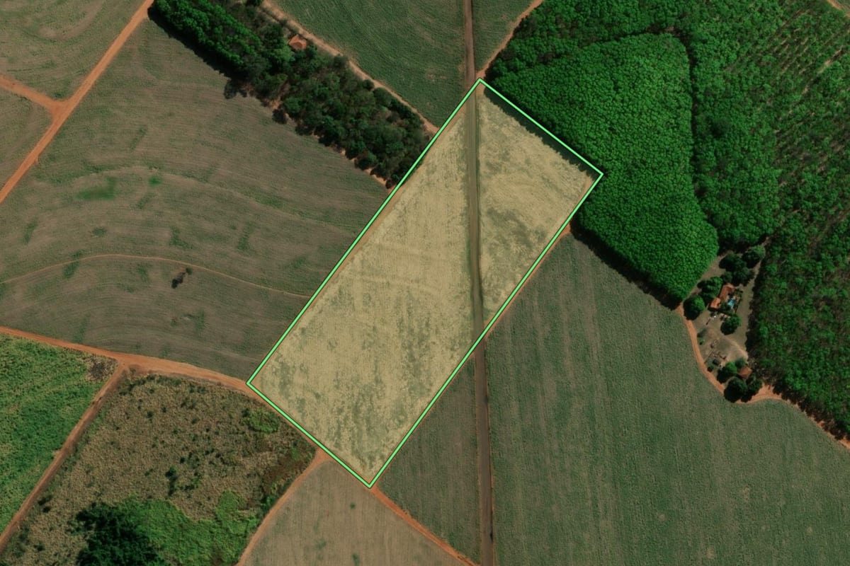 Imagem de satélite do imóvel rural em Tabapuã (SP), com o contorno declarado no CAR desenhado por cima.