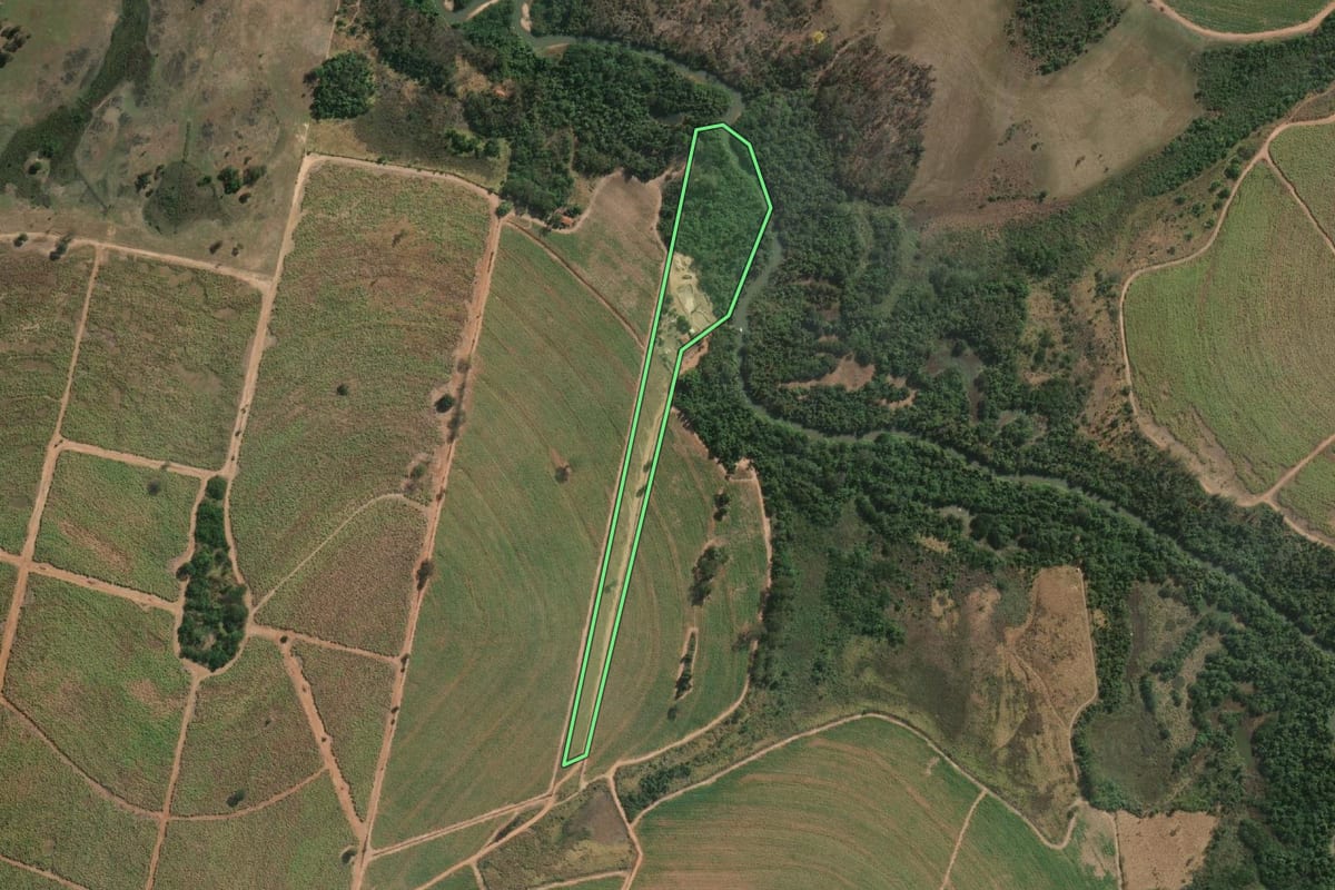 Imagem de satélite do imóvel rural em Tabapuã (SP), com o contorno declarado no CAR desenhado por cima.