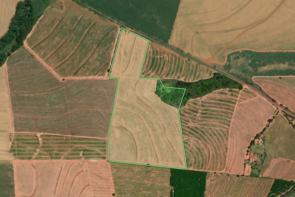 Imagem de satélite do imóvel rural em Tabapuã (SP), com o contorno declarado no CAR desenhado por cima.