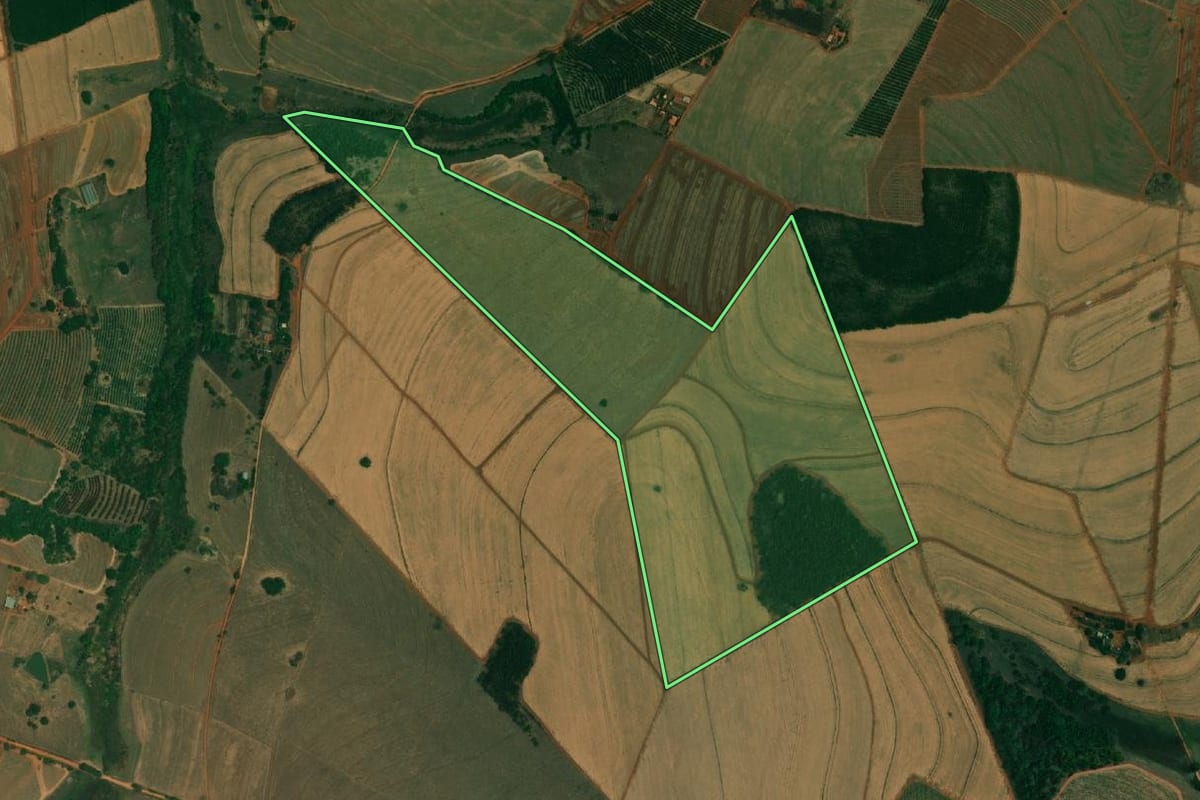 Imagem de satélite do imóvel rural em Tabapuã (SP), com o contorno declarado no CAR desenhado por cima.