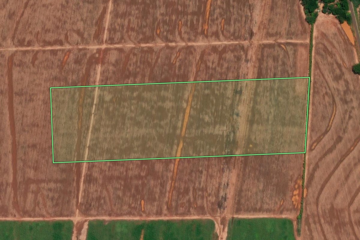 Imagem de satélite do imóvel rural em Tabapuã (SP), com o contorno declarado no CAR desenhado por cima.