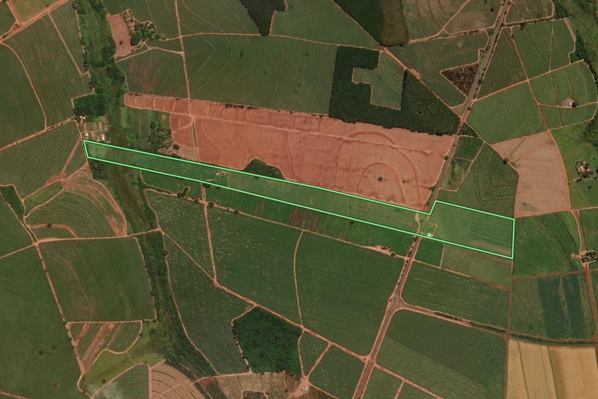 Imagem de satélite do imóvel rural em Tabapuã (SP), com o contorno declarado no CAR desenhado por cima.