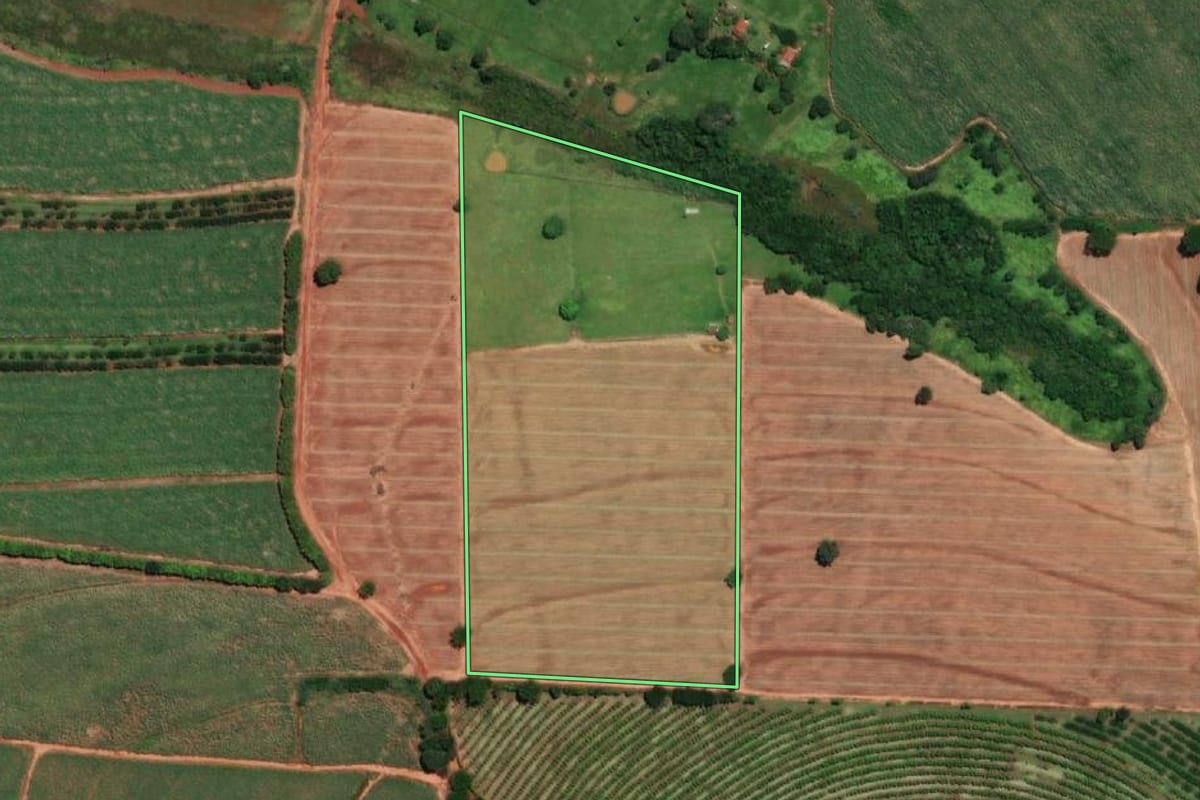 Imagem de satélite do imóvel rural em Tabapuã (SP), com o contorno declarado no CAR desenhado por cima.