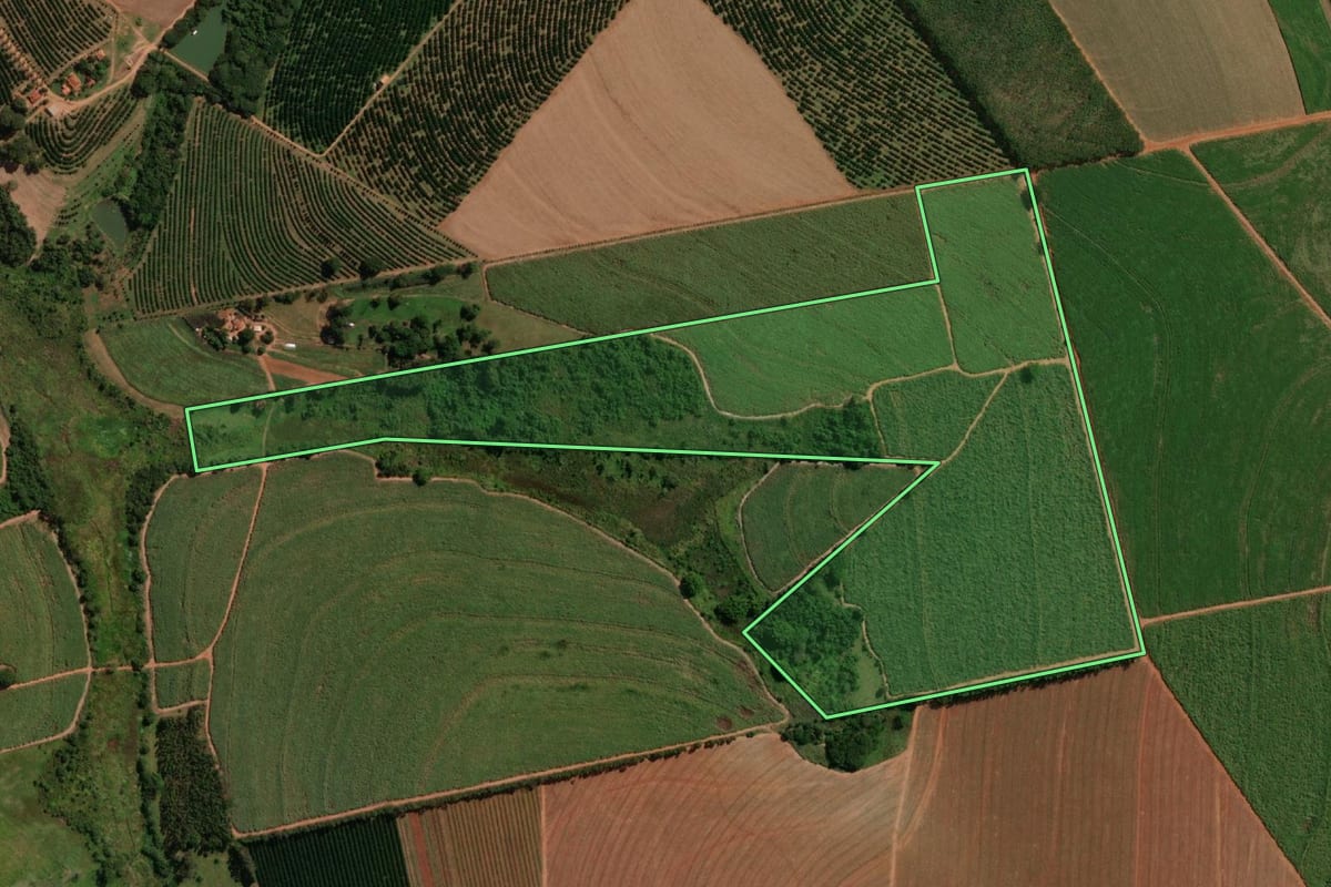 Imagem de satélite do imóvel rural em Tabapuã (SP), com o contorno declarado no CAR desenhado por cima.