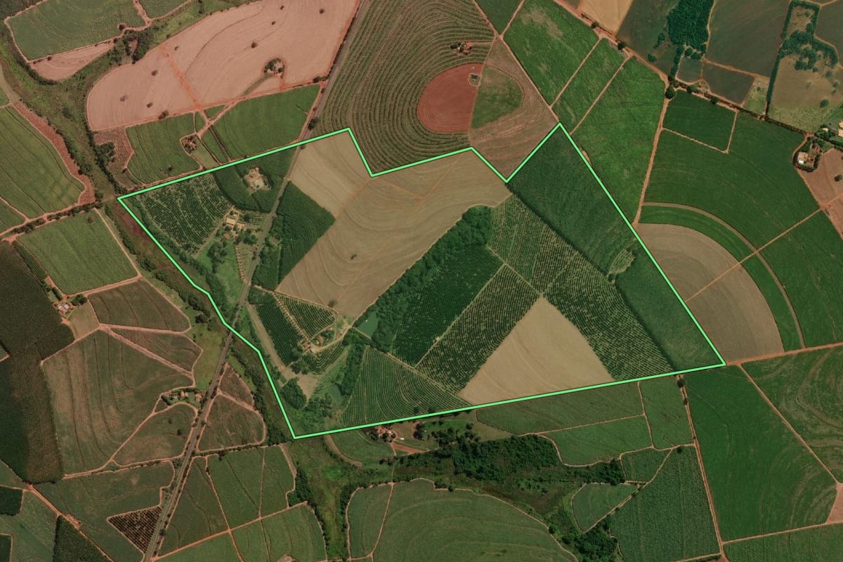 Imagem de satélite do imóvel rural em Tabapuã (SP), com o contorno declarado no CAR desenhado por cima.