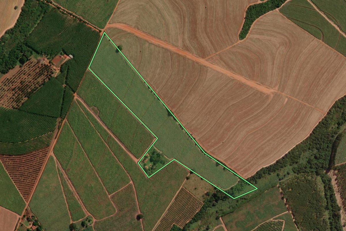 Imagem de satélite do imóvel rural em Tabapuã (SP), com o contorno declarado no CAR desenhado por cima.