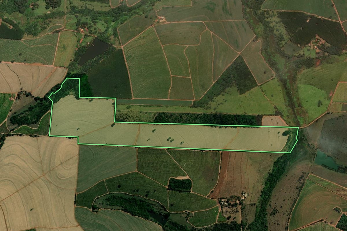 Imagem de satélite do imóvel rural em Tabapuã (SP), com o contorno declarado no CAR desenhado por cima.