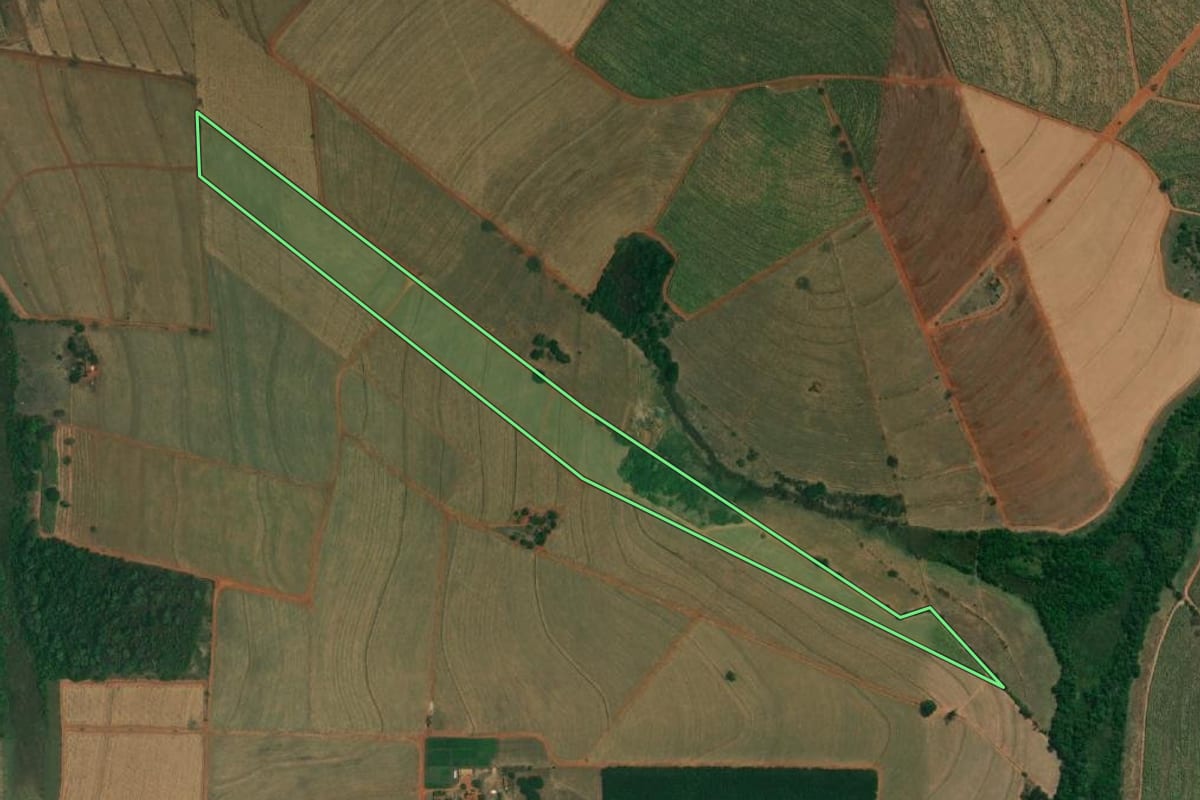 Imagem de satélite do imóvel rural em Tabapuã (SP), com o contorno declarado no CAR desenhado por cima.