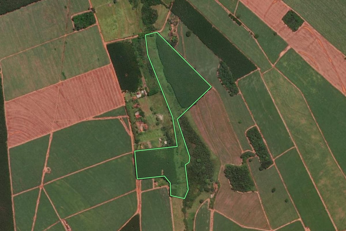 Imagem de satélite do imóvel rural em Tabapuã (SP), com o contorno declarado no CAR desenhado por cima.