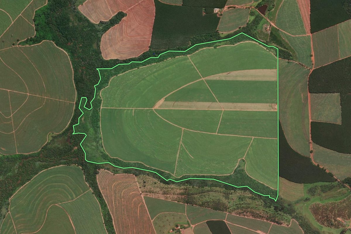 Imagem de satélite do imóvel rural em Tabapuã (SP), com o contorno declarado no CAR desenhado por cima.