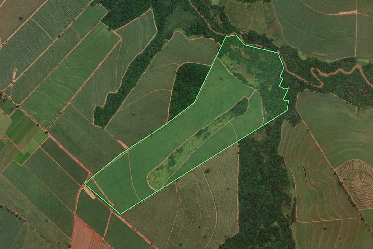 Imagem de satélite do imóvel rural em Tabapuã (SP), com o contorno declarado no CAR desenhado por cima.