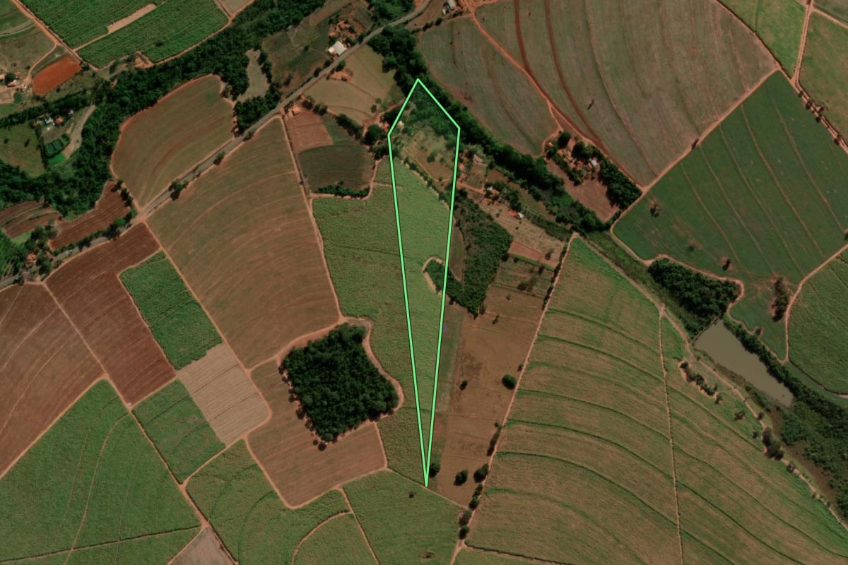 Imagem de satélite do imóvel rural em Tabatinga (SP), com o contorno declarado no CAR desenhado por cima.