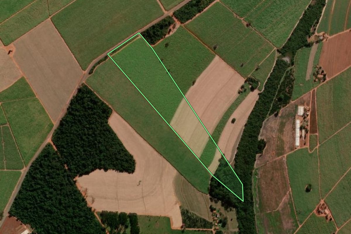 Imagem de satélite do imóvel rural em Tabatinga (SP), com o contorno declarado no CAR desenhado por cima.
