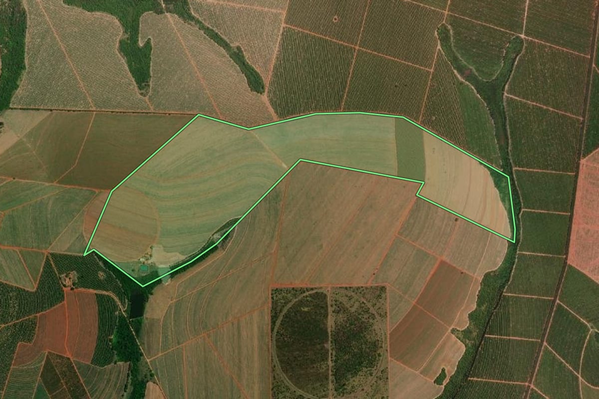 Imagem de satélite do imóvel rural em Tabatinga (SP), com o contorno declarado no CAR desenhado por cima.