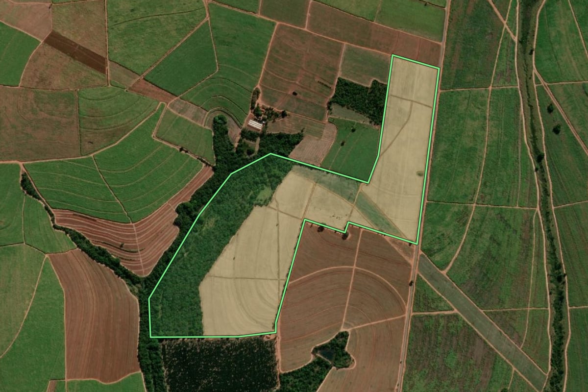Imagem de satélite do imóvel rural em Tabatinga (SP), com o contorno declarado no CAR desenhado por cima.