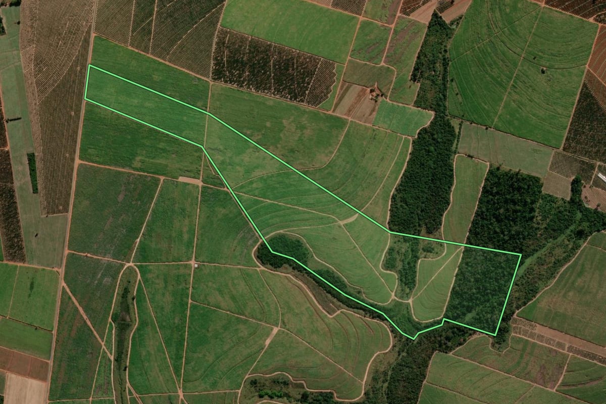 Imagem de satélite do imóvel rural em Tabatinga (SP), com o contorno declarado no CAR desenhado por cima.
