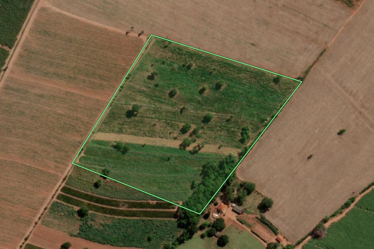 Imagem de satélite do imóvel rural em Tabatinga (SP), com o contorno declarado no CAR desenhado por cima.