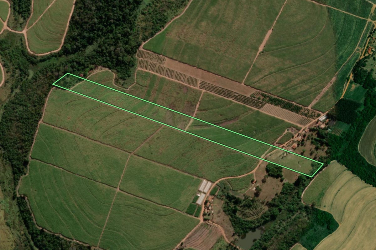 Imagem de satélite do imóvel rural em Tabatinga (SP), com o contorno declarado no CAR desenhado por cima.