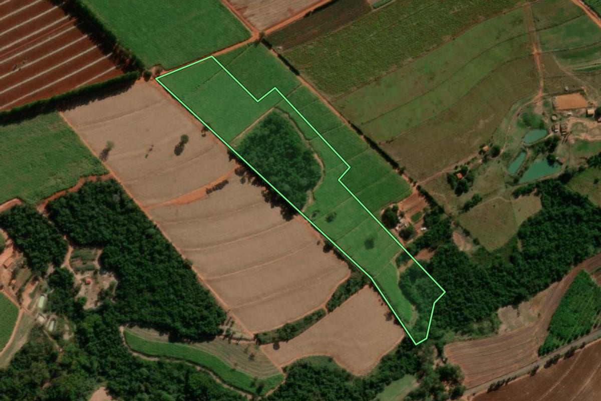 Imagem de satélite do imóvel rural em Tabatinga (SP), com o contorno declarado no CAR desenhado por cima.
