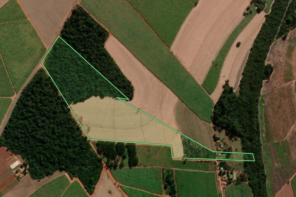 Imagem de satélite do imóvel rural em Tabatinga (SP), com o contorno declarado no CAR desenhado por cima.