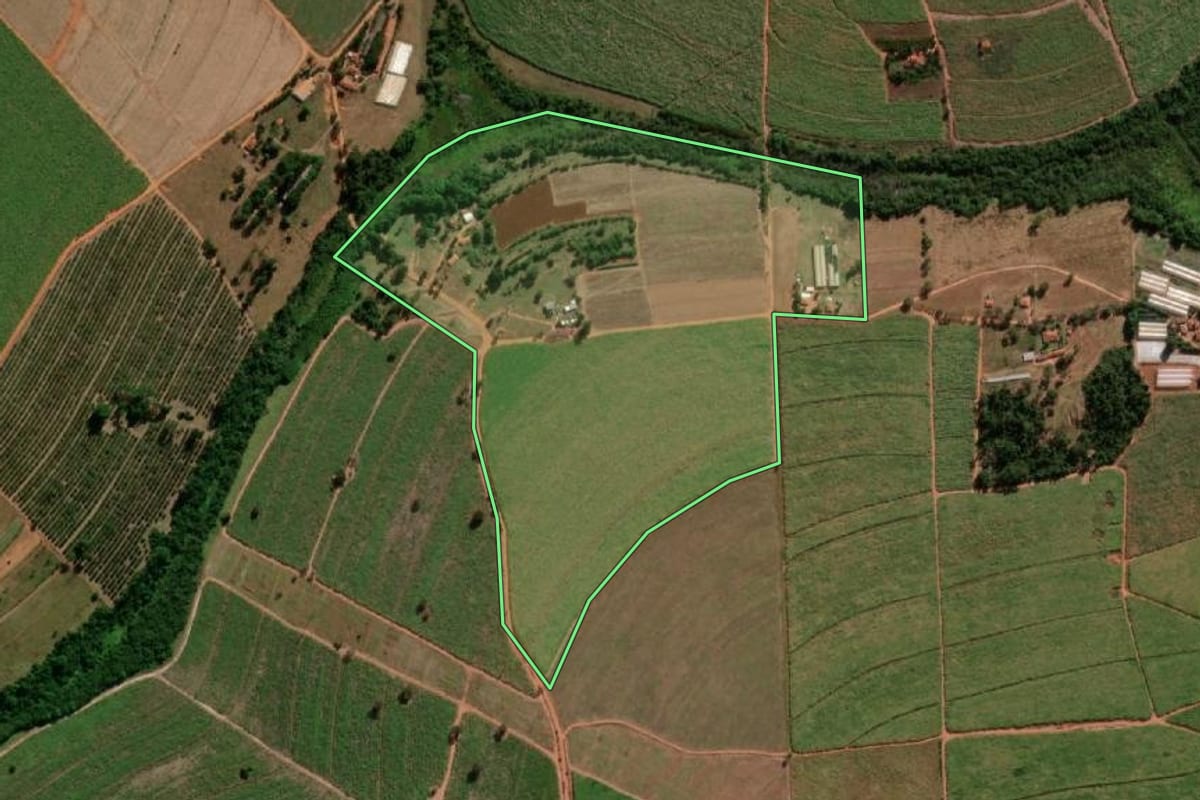 Imagem de satélite do imóvel rural em Tabatinga (SP), com o contorno declarado no CAR desenhado por cima.