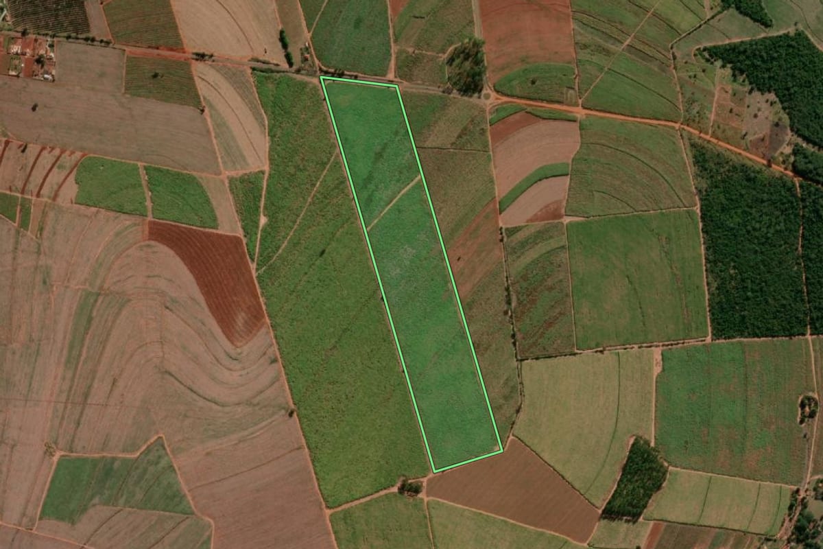 Imagem de satélite do imóvel rural em Tabatinga (SP), com o contorno declarado no CAR desenhado por cima.