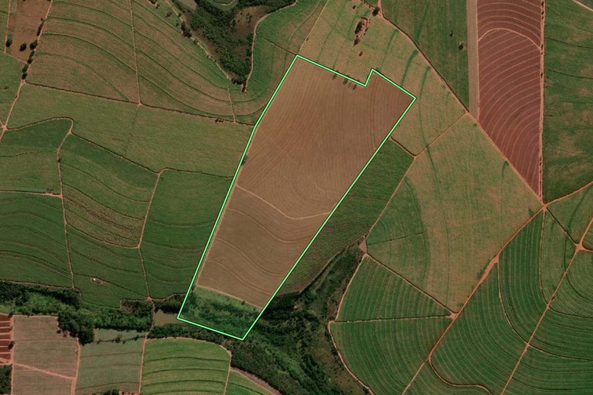 Imagem de satélite do imóvel rural em Tabatinga (SP), com o contorno declarado no CAR desenhado por cima.