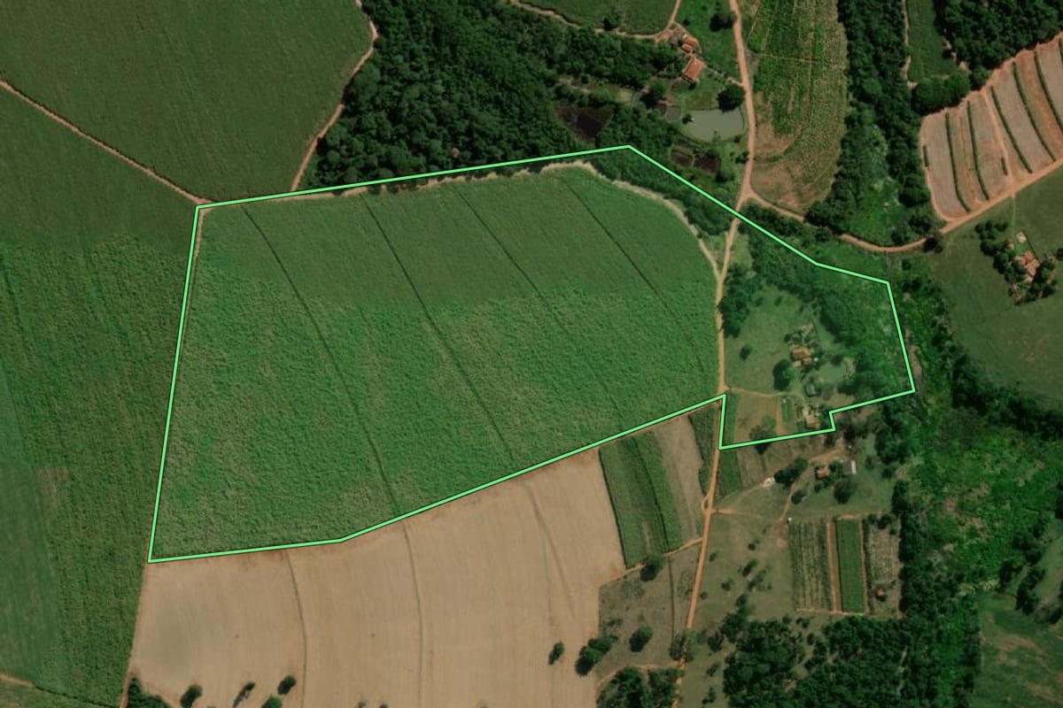 Imagem de satélite do imóvel rural em Ibitinga (SP), com o contorno declarado no CAR desenhado por cima.