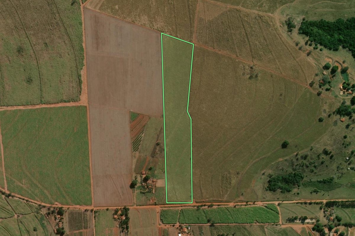Imagem de satélite do imóvel rural em Tabatinga (SP), com o contorno declarado no CAR desenhado por cima.