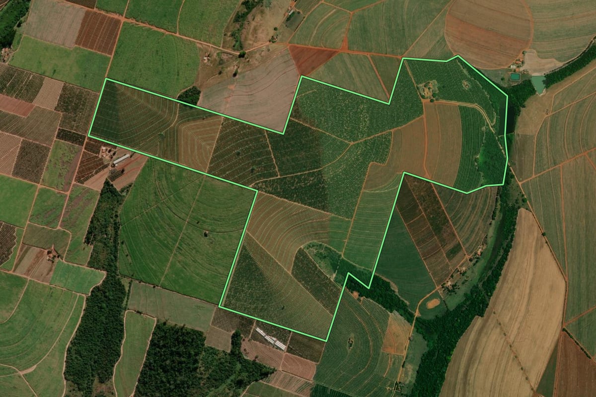 Imagem de satélite do imóvel rural em Tabatinga (SP), com o contorno declarado no CAR desenhado por cima.
