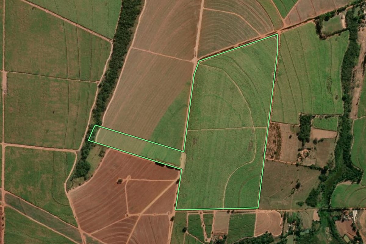 Imagem de satélite do imóvel rural em Tabatinga (SP), com o contorno declarado no CAR desenhado por cima.