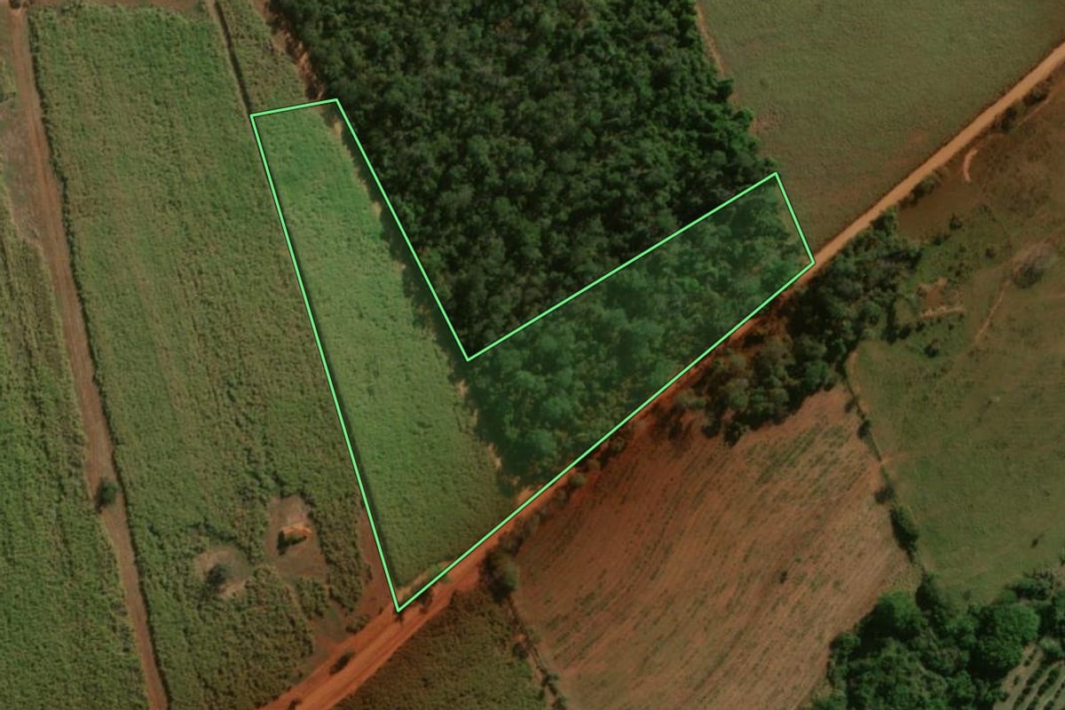 Imagem de satélite do imóvel rural em Tabatinga (SP), com o contorno declarado no CAR desenhado por cima.