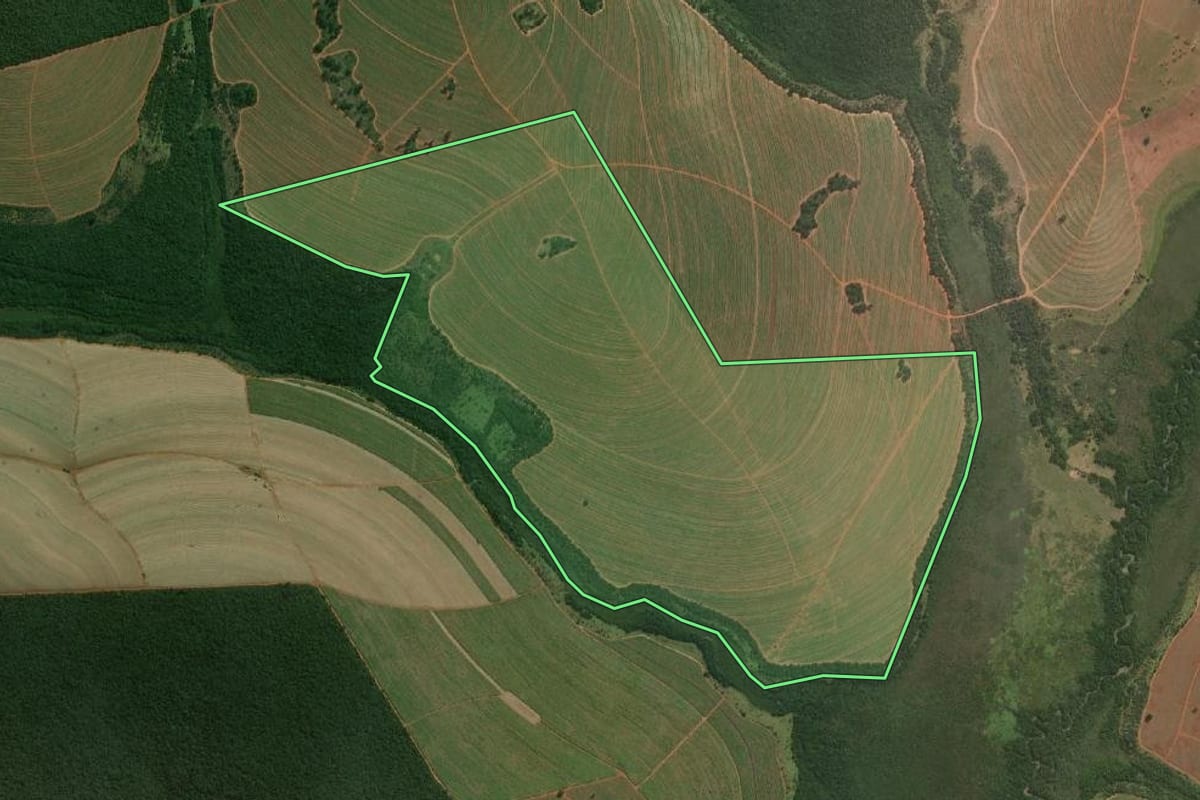 Imagem de satélite do imóvel rural em Taciba (SP), com o contorno declarado no CAR desenhado por cima.