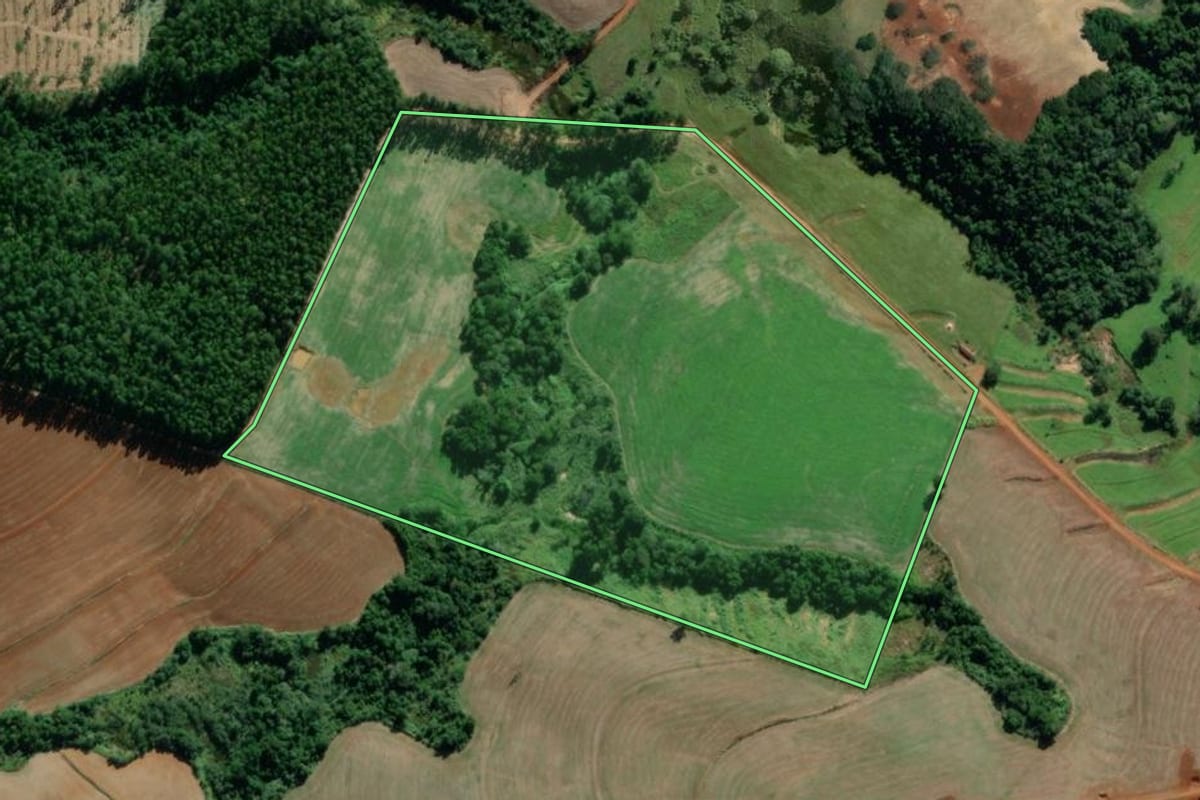 Imagem de satélite do imóvel rural em Taguaí (SP), com o contorno declarado no CAR desenhado por cima.